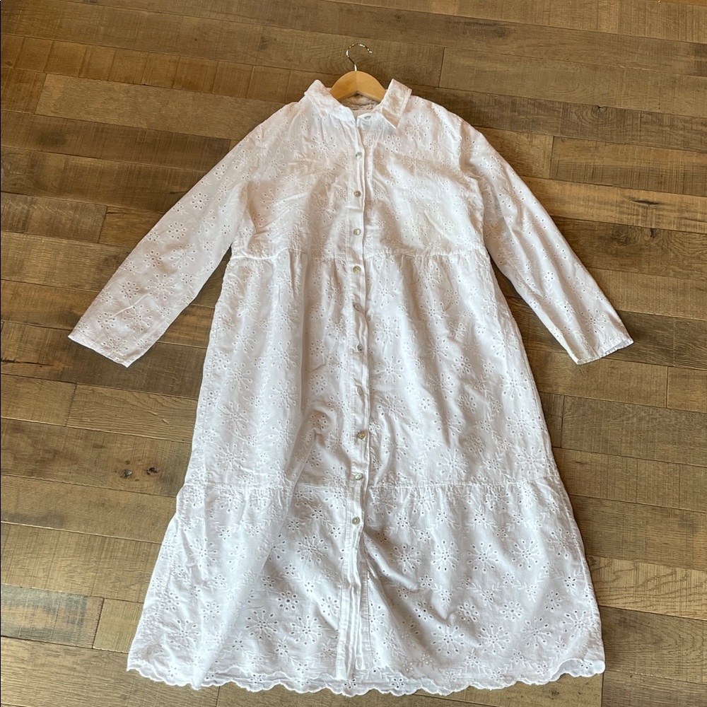White Eyelet Button-Front Midi Dress with Long Sleeves